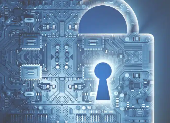 illustration of cybersecurity lock over technology looking background