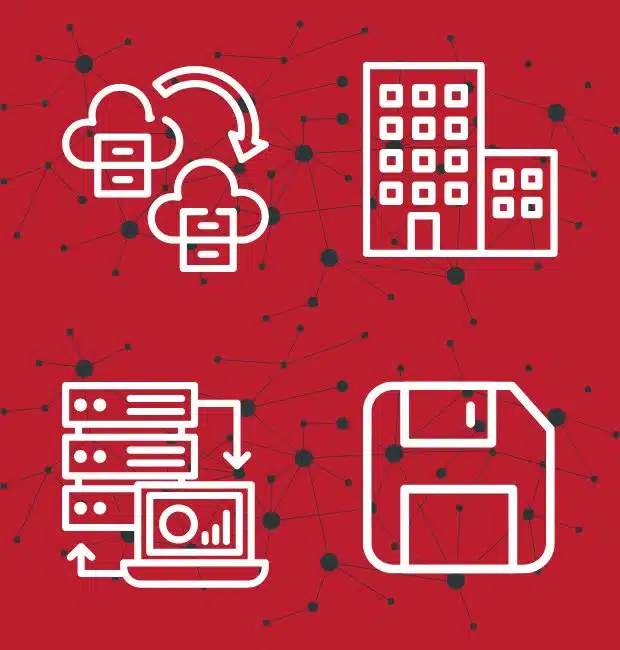 illustration of cloud backup, network backup, hard disk, office building, showing 3-2-1 backup strategy.