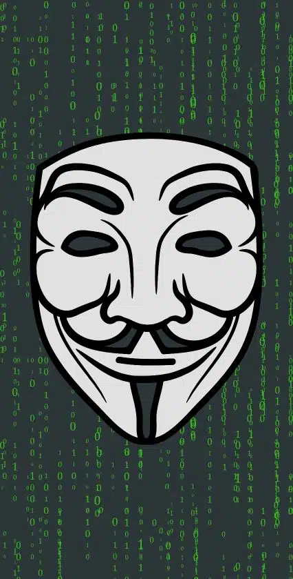 graphic of anonymous hacker mask over binary code background for ransomware cyberattack