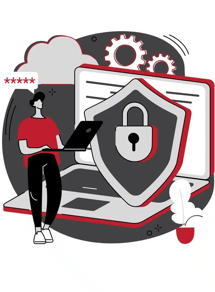 graphic of a person next to a gigantic laptop with cybersecurity elements