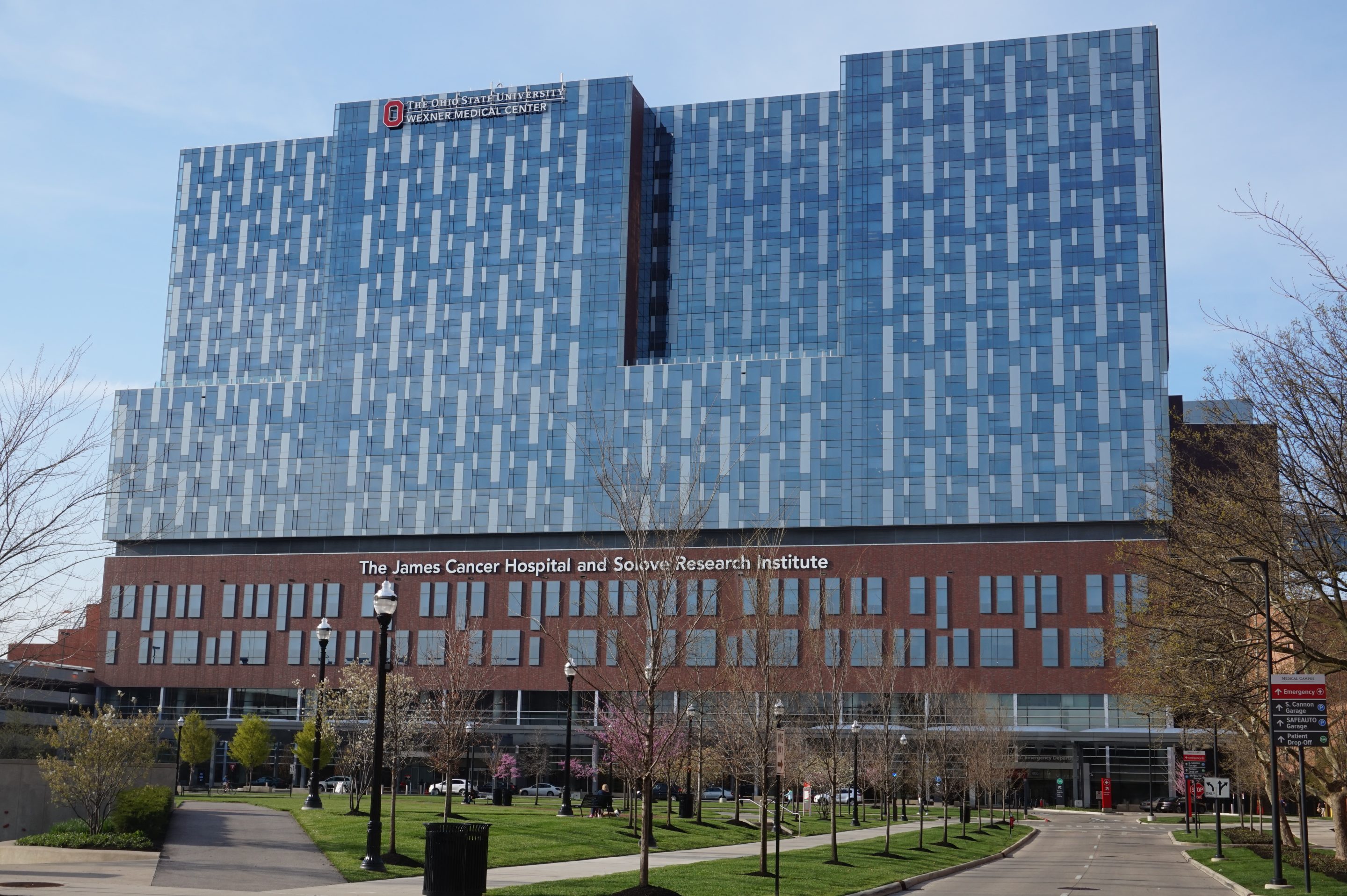 photo of ohio state university james cancer research center, big glass and brick building