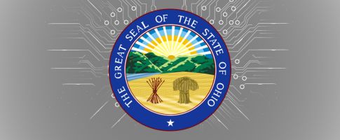 Seal of ohio superimposed over graphic of network nodes