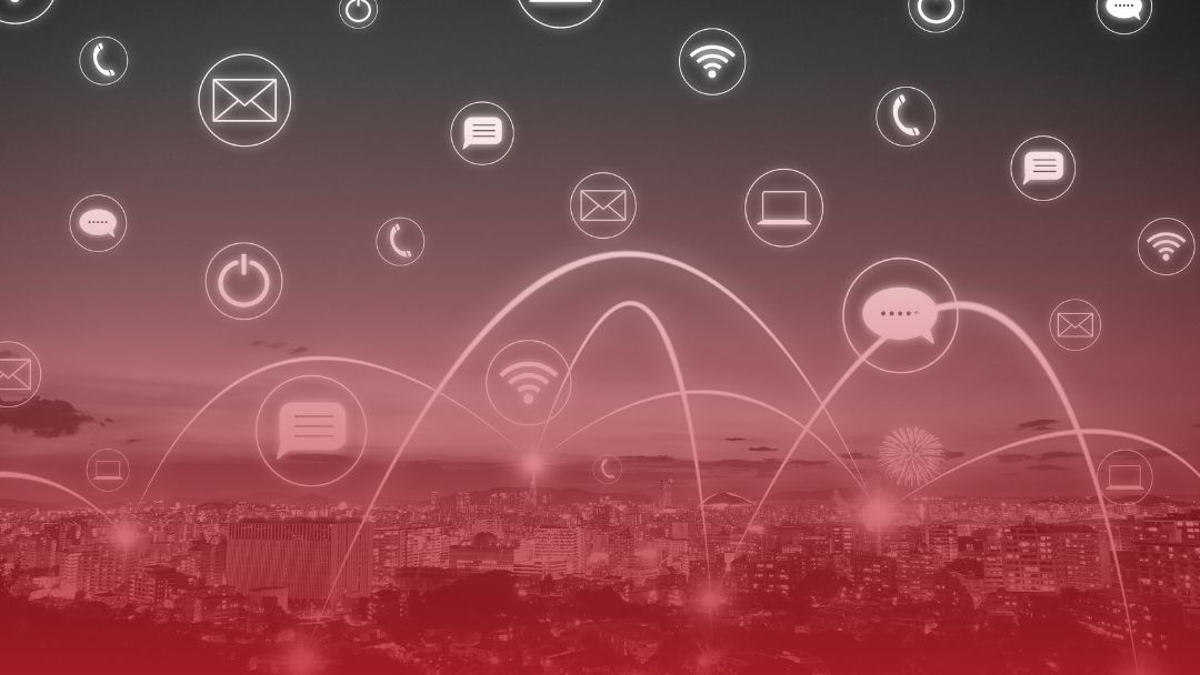 image of cityscape background with internet and network iconography overlaying