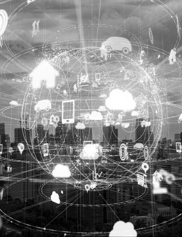 graphic of globe with internet and network iconography over a cityscape